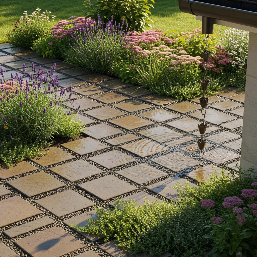Permeable pavers installed in a landscaped outdoor area to improve drainage