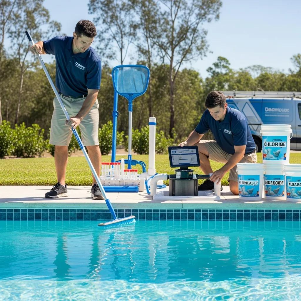 Technician checking pool equipment and balancing chemicals