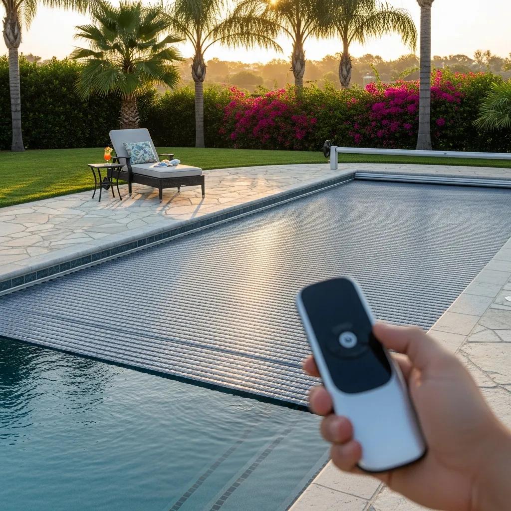 Automatic pool cover in use, illustrating safety and convenience for pool owners