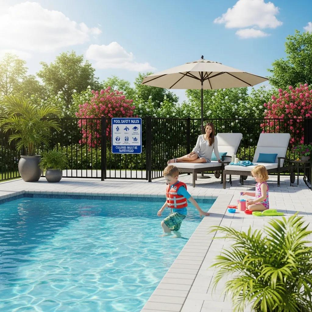 Family-friendly pool area with secure fencing highlighting pool safety practices